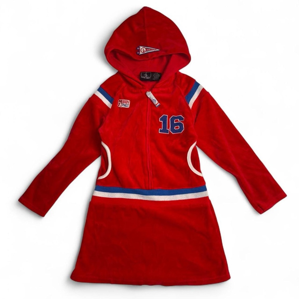 Y2K Baby Phat Red Hooded Sweater Dress with Blue and White Stripes - Size 5/6